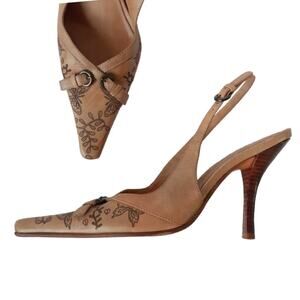 SCHUTZ Floral Butterfly Embossed Leather Point Toe Slingback Heels
